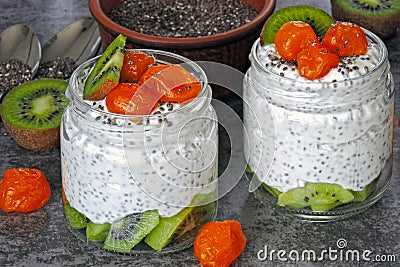 Yogurt with chia seeds and fruit. Stock Photo