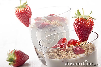 Yogurt with crunchy cereal and strawberry Stock Photo