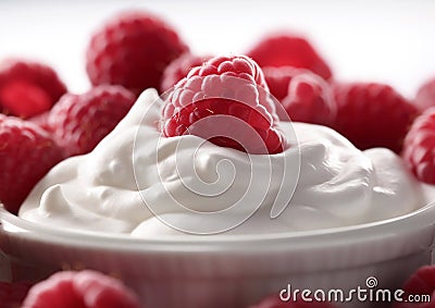 Yogurt dessert in glass bowl with fresh raw ripe raspberries.Macro.AI Generative Stock Photo