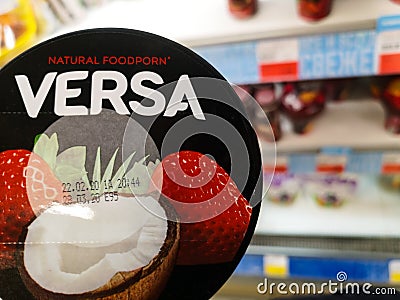 Yogurt drinking VERSA Foodporn fruit cocktail strawberries and coconut at a grocery store on May 5, 2020 in Russia, Tatarstan, Editorial Stock Photo