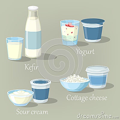 Yogurt and kefir, cottage cheese with sour cream Vector Illustration