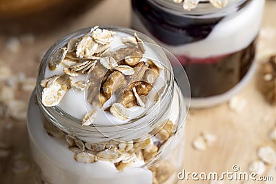 yogurt made from milk with walnuts and muesli Stock Photo