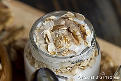 yogurt made from milk with walnuts and muesli Stock Photo