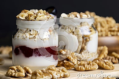 yogurt made from milk with walnuts and muesli Stock Photo