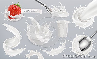 Yogurt, milk splashes. Set 3d vector elements Vector Illustration