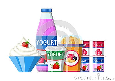 Yogurt or milky dessert set. Vector Illustration