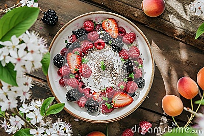 Yogurt with mixed berries and chia seeds,. AI Generated Stock Photo