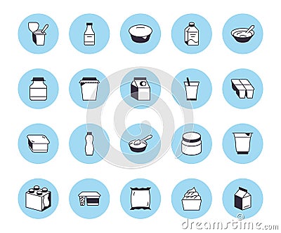 Yogurt packaging flat line icons. Dairy products - milk bottle, cream, kefir, cheese illustrations. Thin signs for food Vector Illustration