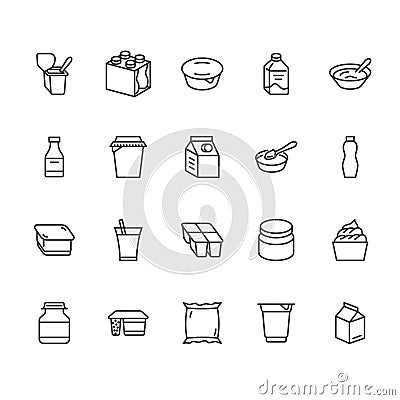 Yogurt packaging flat line icons. Dairy products - milk bottle, cream, kefir, cheese illustrations. Thin signs for food Vector Illustration