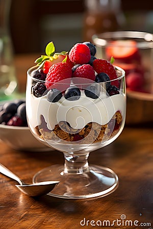 A yogurt parfait with creamy yogurt, granola and a variety of fresh berries Stock Photo