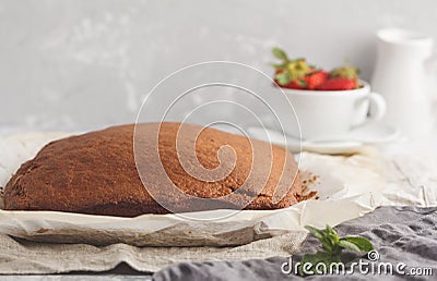 Yogurt pound cake for breakfast with fresh strawberries. Light b Stock Photo