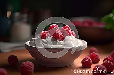 Yogurt raspberry bowl kitchen. Generate Ai Stock Photo
