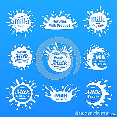 Yogurt splash, milks macula or milky drink blot. Natural yoghurt cream or milk blots silhouette vector cartoon shape set Vector Illustration