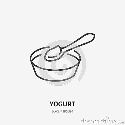 Yogurt with spoon flat logo, breakfast porridge icon. Dairy product vector illustration. Sign for healthy food store Vector Illustration