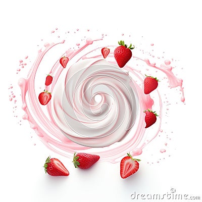 Yogurt swirls gracefully float with isolated strawberries on a serene background, Ai Generated Stock Photo