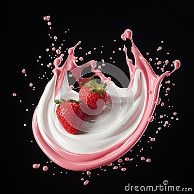 Yogurt swirls gracefully float with isolated strawberries on a serene background, Ai Generated Stock Photo