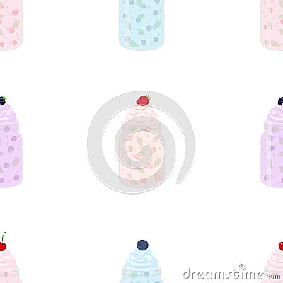 Yogurts with berries in glass, mason jars. Cartoon flat style Vector Illustration