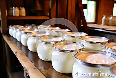 Yogurts and sour cream from home farm production in glass jars. Milk products. Home production of fermented milk products. Fresh Stock Photo