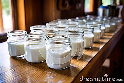 Yogurts and sour cream from home farm production in glass jars. Milk products. Home production of fermented milk products. Fresh Stock Photo