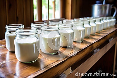 Yogurts and sour cream from home farm production in glass jars. Milk products. Home production of fermented milk products. Fresh Stock Photo