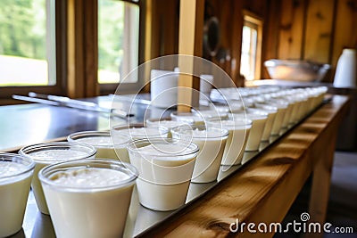 Yogurts and sour cream from home farm production in glass jars. Milk products. Home production of fermented milk products. Fresh Stock Photo