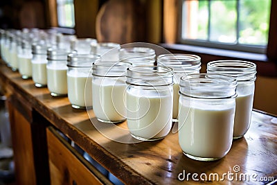 Yogurts and sour cream from home farm production in glass jars. Milk products. Home production of fermented milk products. Fresh Stock Photo