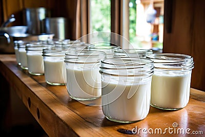 Yogurts and sour cream from home farm production in glass jars. Milk products. Home production of fermented milk products. Fresh Stock Photo