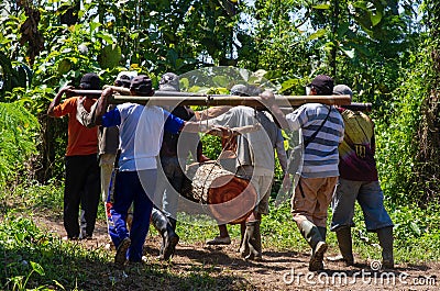 Yogyakarta, Indonesia - April 19, 2021: Traditional wood transport from the forest in Indonesia, illegal logging illustration Cartoon Illustration