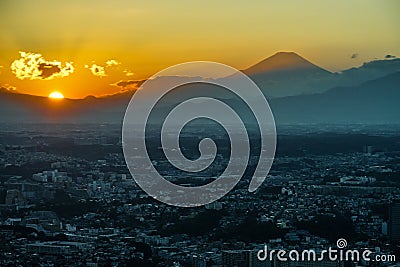 Yokohama city and Mount Fuji and dusk Stock Photo