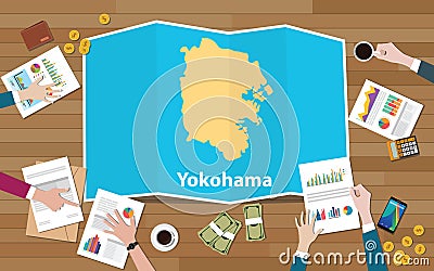 Yokohama japan city region economy growth with team discuss on fold maps view from top Cartoon Illustration