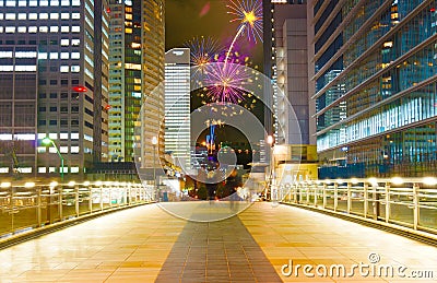 Yokohama night view and fireworks composite photograph Stock Photo