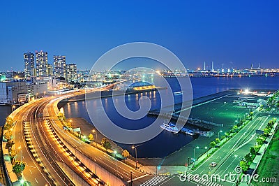 Yokohama port and Minato Mirai Bridge at night Stock Photo