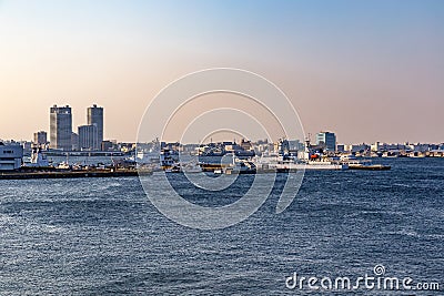 Yokohama port and Tokyo Bay at Sunset Editorial Stock Photo