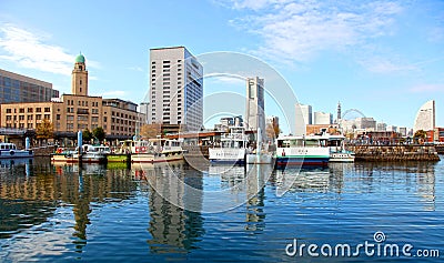 Yokahama Bay and the Yokohama Skyline in Yokohama, Kanagawa, Japan. Editorial Stock Photo