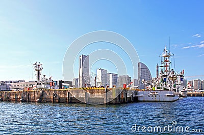 Yokahama Bay and the Yokohama Skyline in Yokohama, Kanagawa, Japan. Editorial Stock Photo