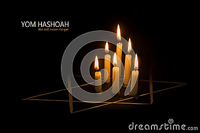 Yom Hashoah, burning candles and the star of David against blac Stock Photo