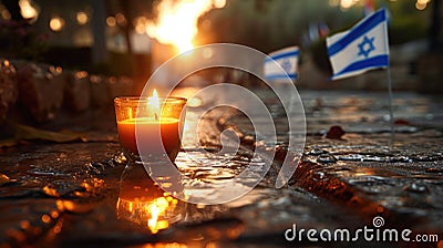 Yom HaZikaron theme, a single candle lit in a small glass, placed on a stone surface with the backdrop of a waving Stock Photo