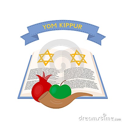 Yom Kippur Day of Atonement Jewish holiday typography poster with book, shofar, pomergranate and lettering. Easy to edit vector Vector Illustration