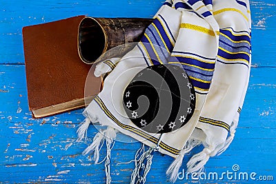 Yom Kippur, Rosh Hashanah Hashana jewish New Year, Shemini Atzeret Shmini Atzeret and Simchat Torah holiday concept with shofar tr Stock Photo