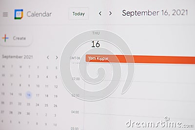 Yom Kippur 16 of September on google calendar Editorial Stock Photo