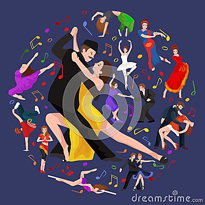 Yong couple man and woman dancing tango with passion, dancers vector illustration isolated Vector Illustration