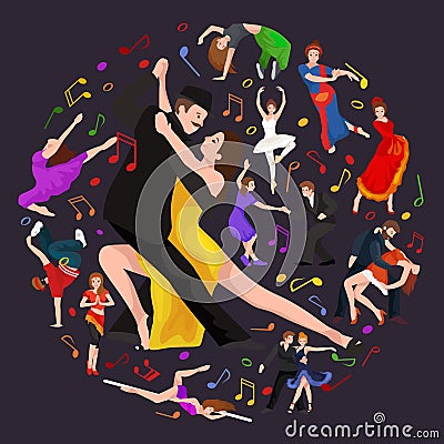 Yong couple man and woman dancing tango with passion, tango dancers vector illustration isolated Vector Illustration