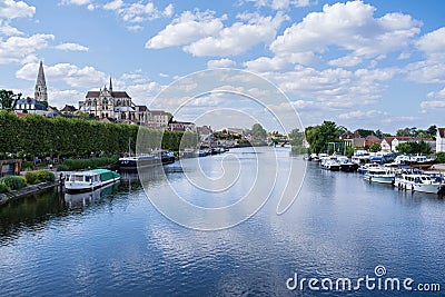 yonne river and boats along bank in auxerre Editorial Stock Photo