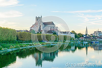 Yonne River and churches, in Auxerre Editorial Stock Photo