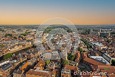 The drone aerial view of York at sunrise, England. Stock Photo