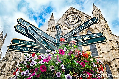 The York Minster and a sign with directions to landmarks in the city Editorial Stock Photo