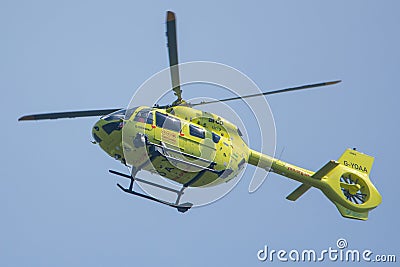 Yorkshire Air Ambulance G-YOAA flying responding to an accident Editorial Stock Photo