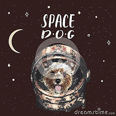 Yorkshire Terrier astrodog portrait. Cute space dog. Vector illustration Vector Illustration