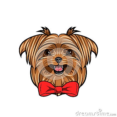 Yorkshire terrier dog portrait. Decorative bow. Red bow. Dog head, face, muzzle. Vector. Vector Illustration