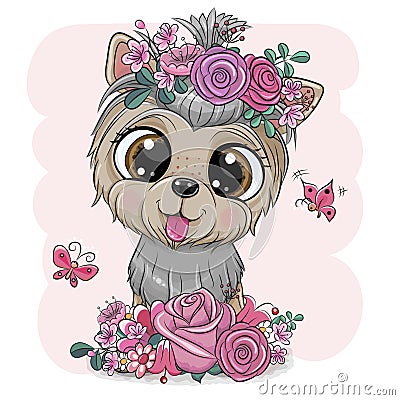 Yorkshire Terrier with flowers on a pink background Vector Illustration